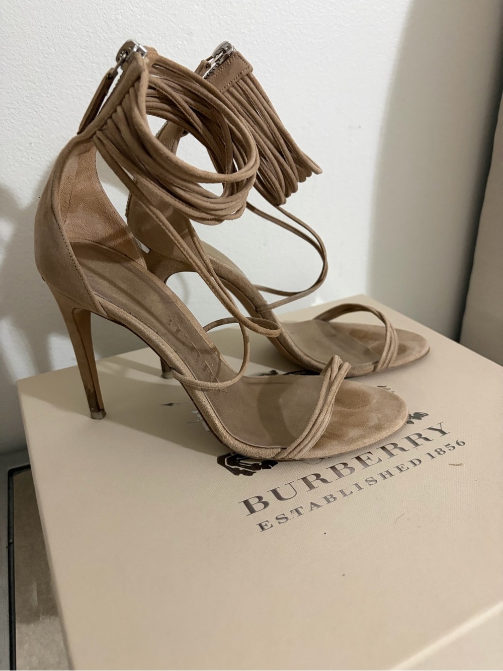 Burberry Tan Suede Fringe Lace-Up Stiletto Sandals